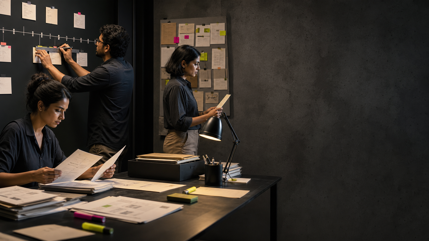 Illustrative editorial and research team reviewing a generic set of source documents.